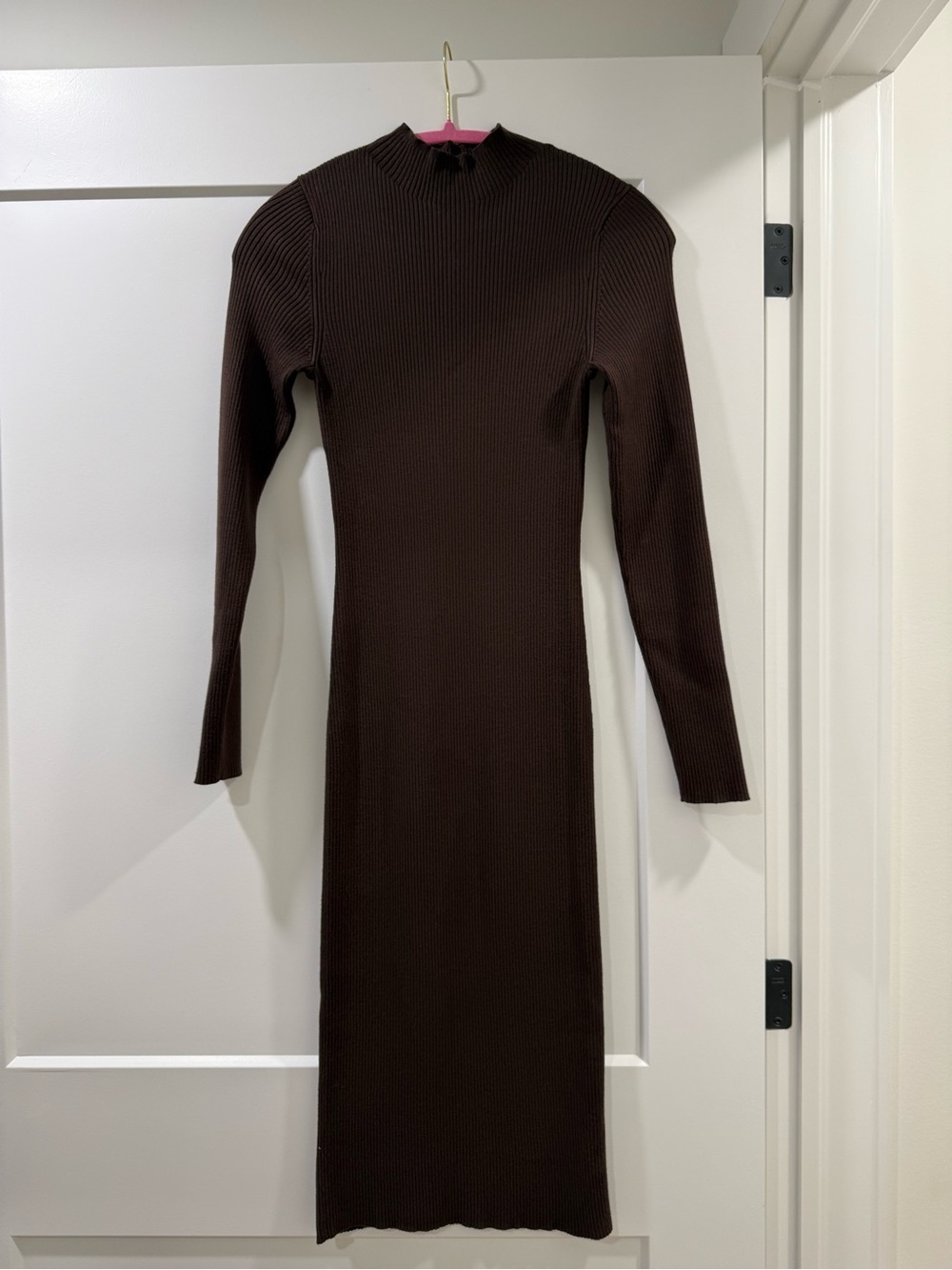 Babaton Chocolate Ribbed Long Sleeve Midi Dress
